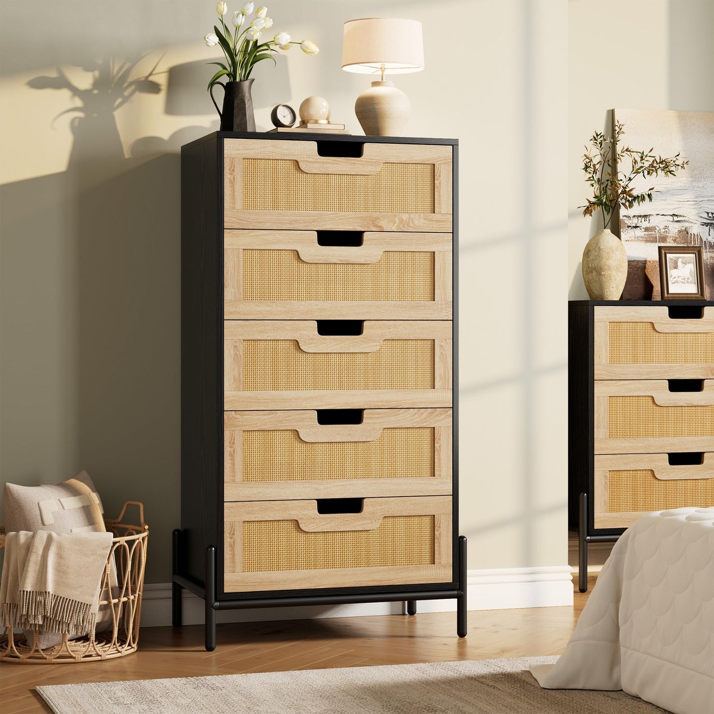 GAOMON Natural Rattan 5 Drawer Dresser, Wooden Chest of Drawer, Farmhouse Storage Cabinet with Metal Legs, Modern Dresser for Bedroom, Living Room, Entryway, Black&Oak