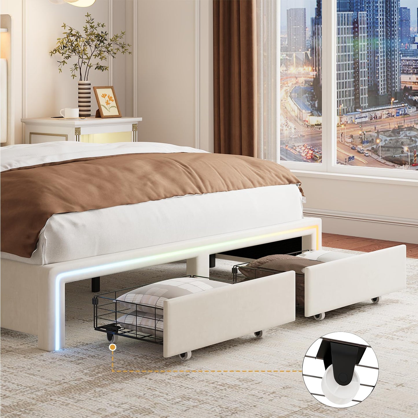 VINTLJUS Full LED Bed Frame with Storage Headboard & Charging Station, Velvet Fabric Platform Bed Frames with 4 Drawers, Button Tufted Upholstered, No Box Spring Needed, Beige