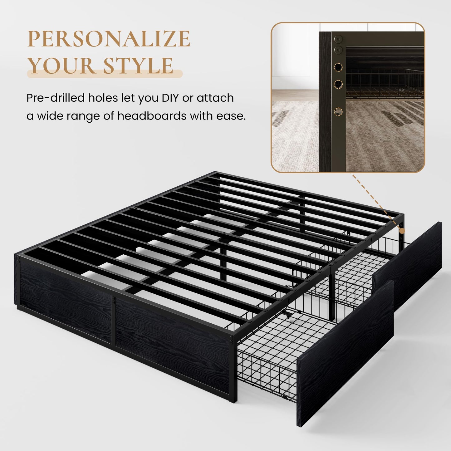 SHA CERLIN Queen Platform Bed Frame with 2 Large Storage Drawers, Rustic Wood and Metal, Noise-Free, Easy Assembly, No Box Spring Needed, Black