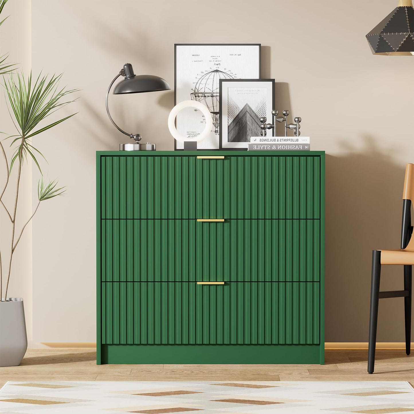 Furniway Green Dresser for Bedroom, Modern Dresser with 3 Drawers and Smooth Slides, Wide Chest of Drawers with Golden Handles for Bedroom, Living Room, Closet, 15.7" D x 31.5" W x 29.6" H