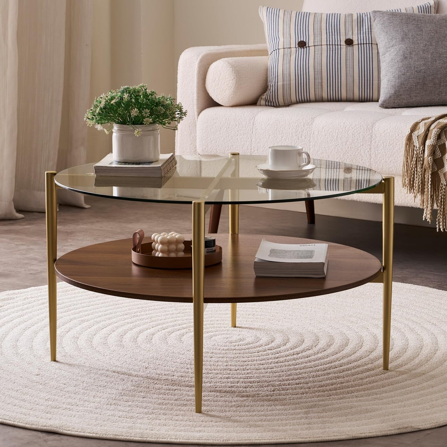 LumFurn Round Coffee Table, Mid-Century Modern Design, D30“ x H17”, for Living Room, 2-Tier Structure, Clear Glass Top and Walnut MDF Shelf, Sleek Conical Metal Legs with Gold Finish