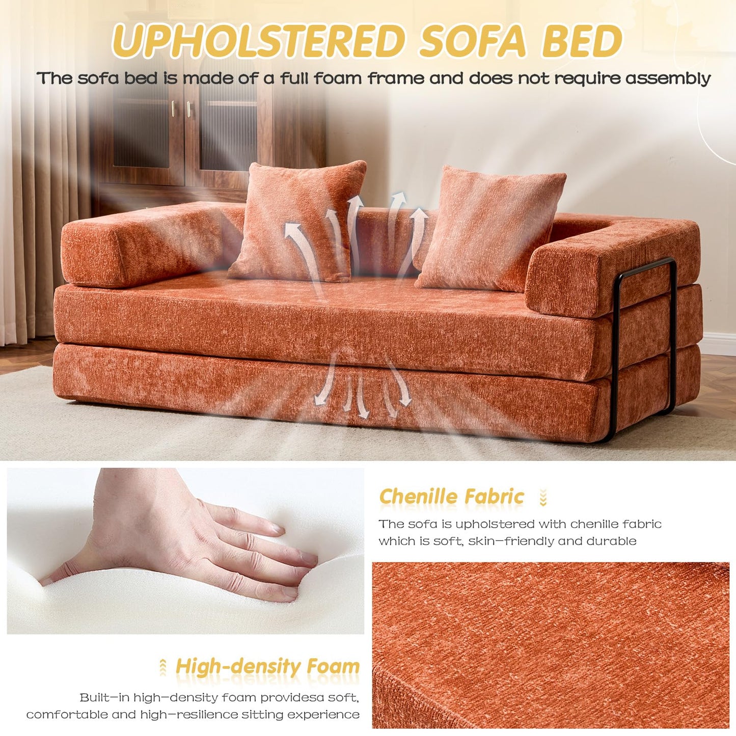 Convertible Folding Sleeper Sofa Bed, Boneless Couch with Fixed-Shape Frame, Compression Foam Sofa, Futon Foldable Mattress, Pull Out Couch Bed for Living Room Bedroom Lounge(Chenille, Orange)