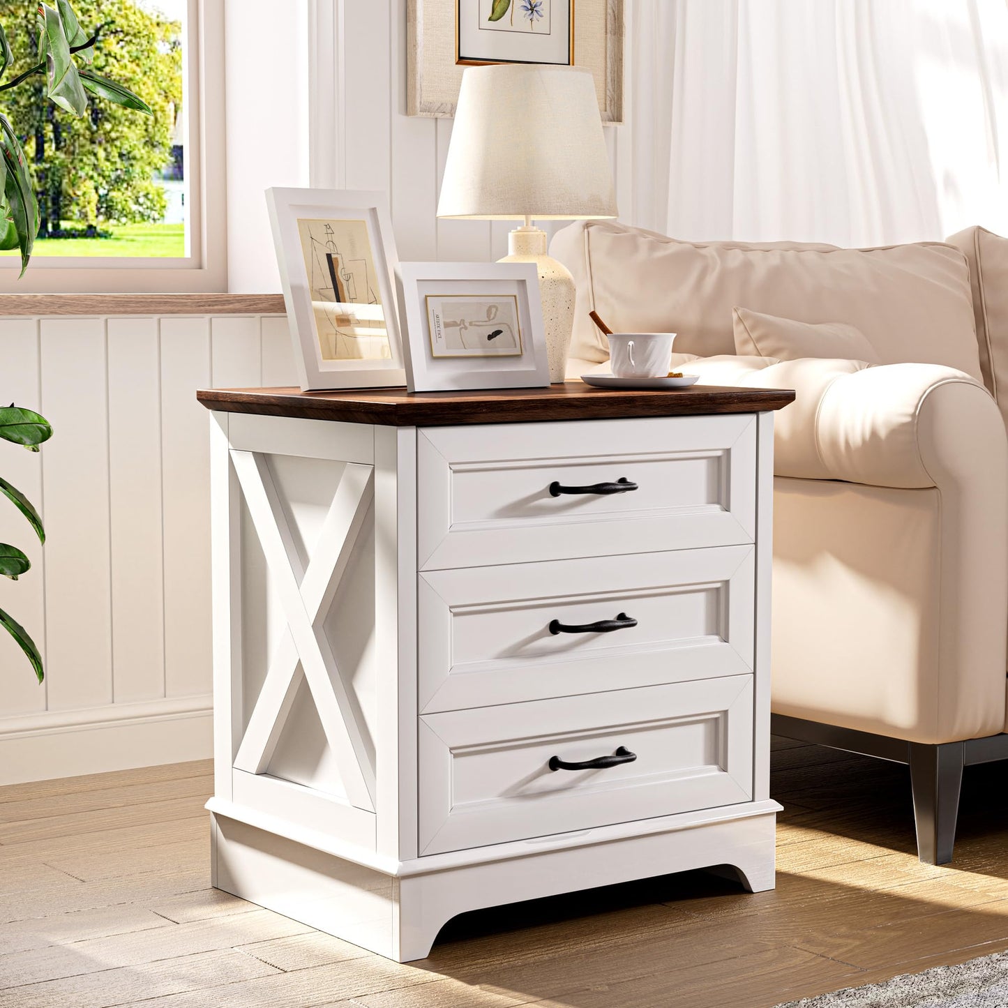 GRUSIGN Nightstand with Drawers - 22.44" Wide End Table with 3 Large Drawers & Bar Handles, Small Rustic Wood Chest of Drawers for Bedroom, Living Room, Closet
