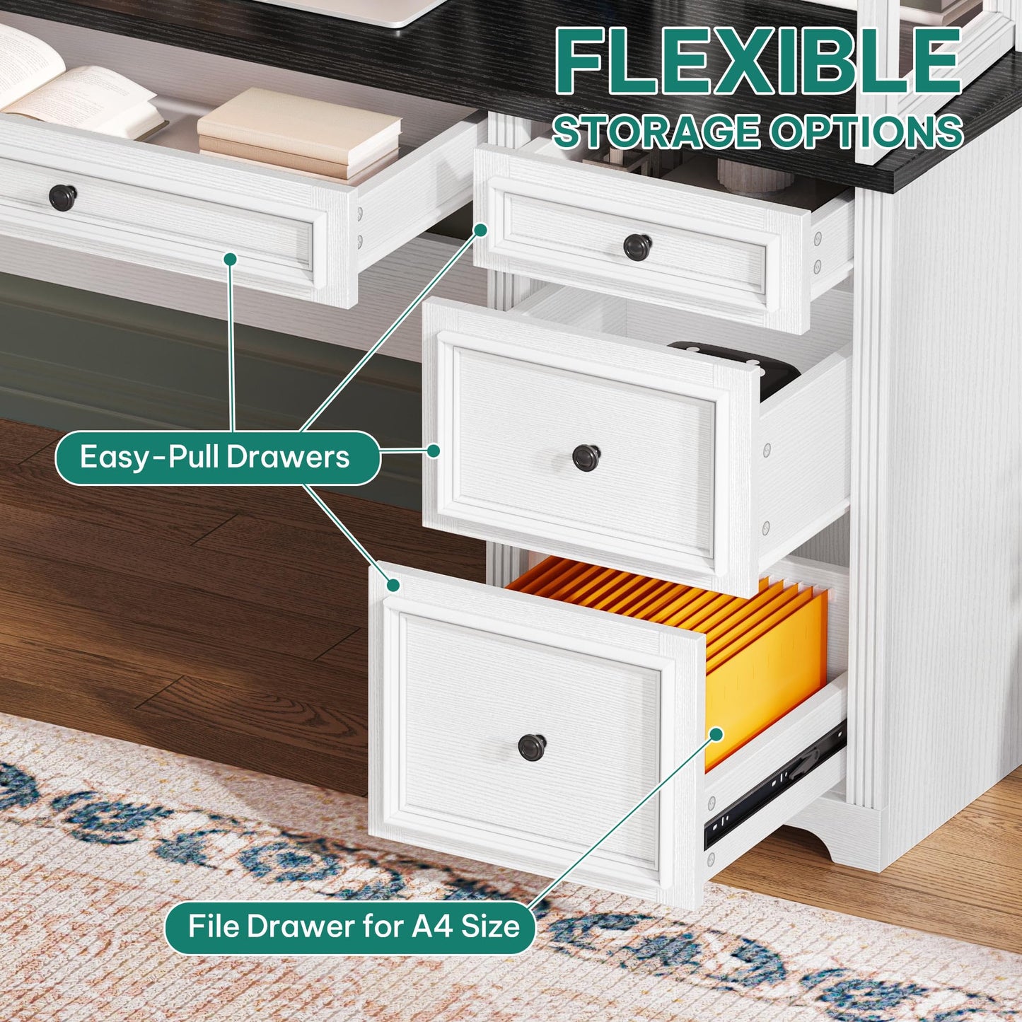 YITAHOME Executive Desk with Hutch and Drawers, Farmhouse Wood Computer Desk with Power Outlet & LED Lights, Home Office Desks with Storage Shelves, Storage Cabinet with Glass Door, White & Black