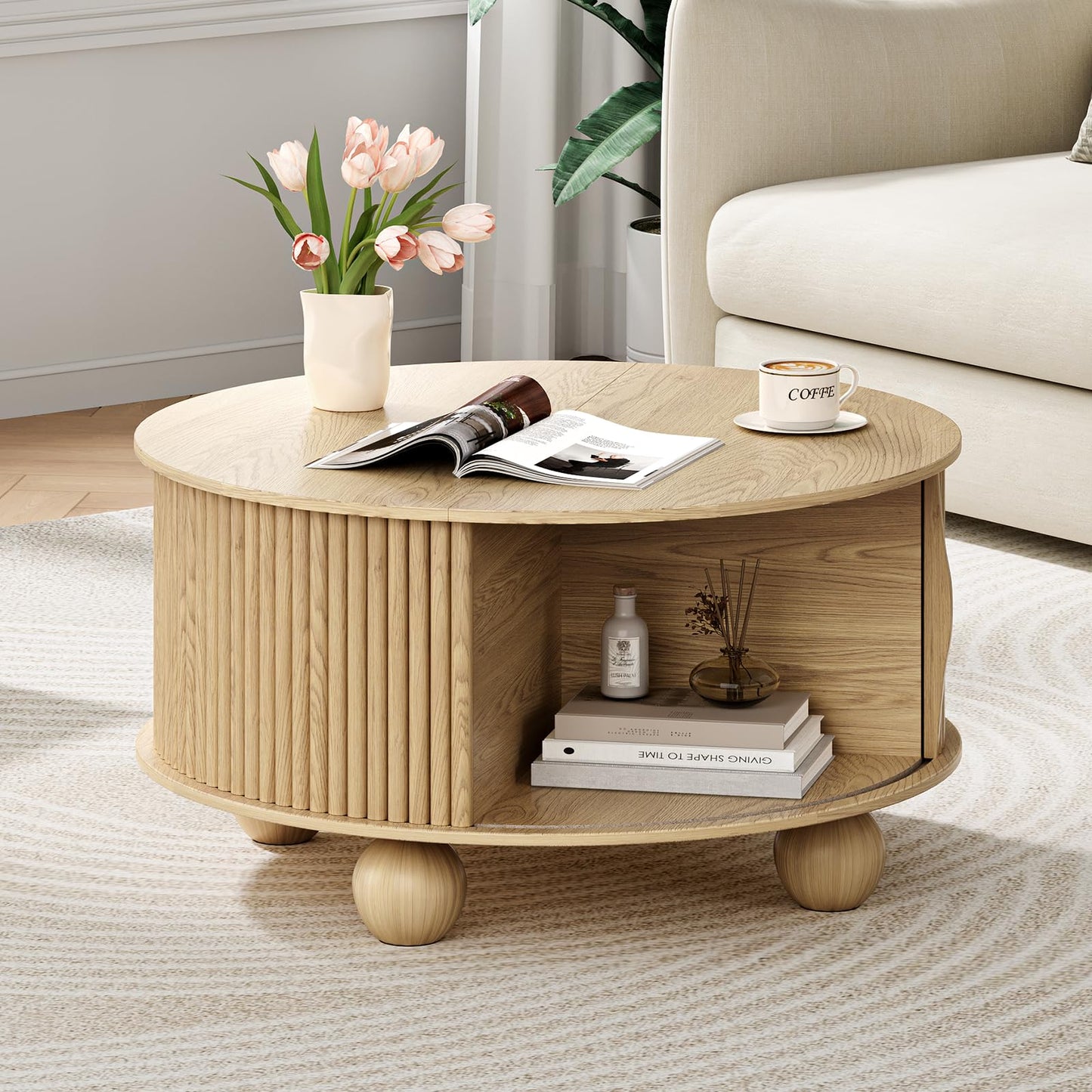 JOINICE, Round Coffee Table with Storage, 31.5" Mid-Century Modern Center Table with Sliding Door, Fluted Lift Up Coffee Table with Bun Feet, Wood Coffee Tables for Living Room, Home Small Space, Oak