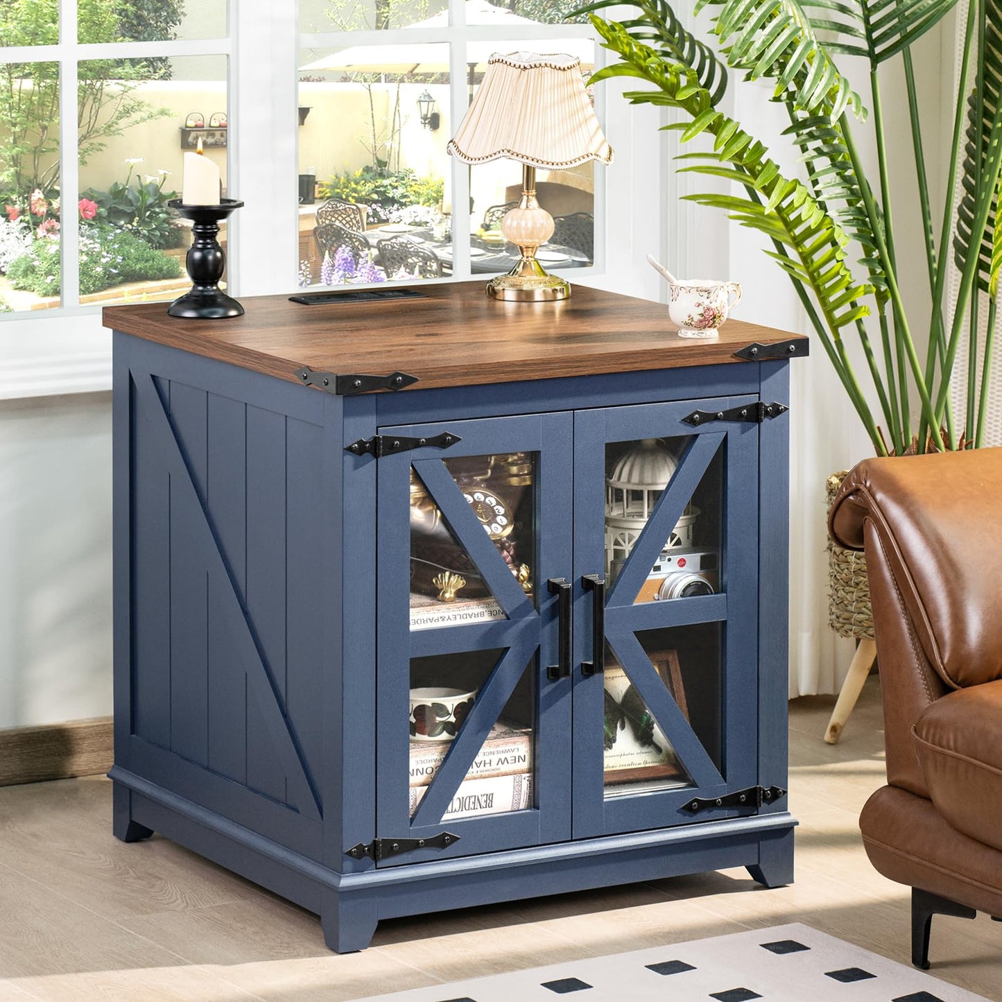 Joaxswe Farmhouse End Table with Charging Station, 24" Large Sofa Side Table with Glass Barn Door, Blue Nightstand with Adjustable Storage Shelf,Wood Square Bedside Table for Living Room,Bedroom
