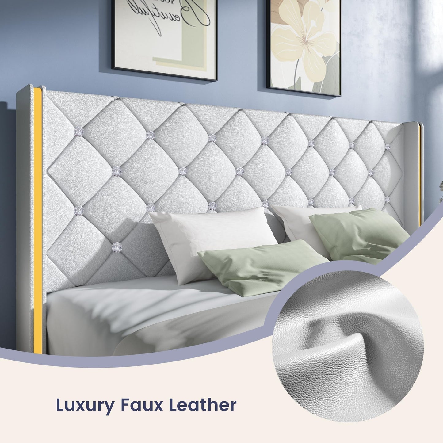 Full Upholstered Bed Frame with Headboard, Faux Leather Platform Bed with Wingback Design, Modern Diamond Bed Frame with Tufted Deep Button, No Box Spring Needed, Easy Assembly, White
