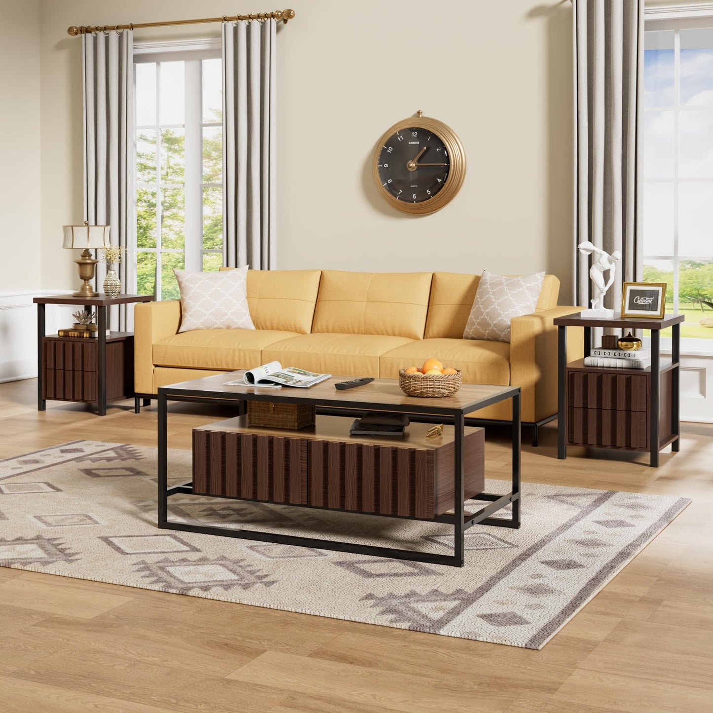 UEV Coffee Table Set of 3,Living Room Table Set,Mid Century Coffee Table,End Side Tables Set of 2 with 2 Drawer for Living Room & Bedroom,Walnut