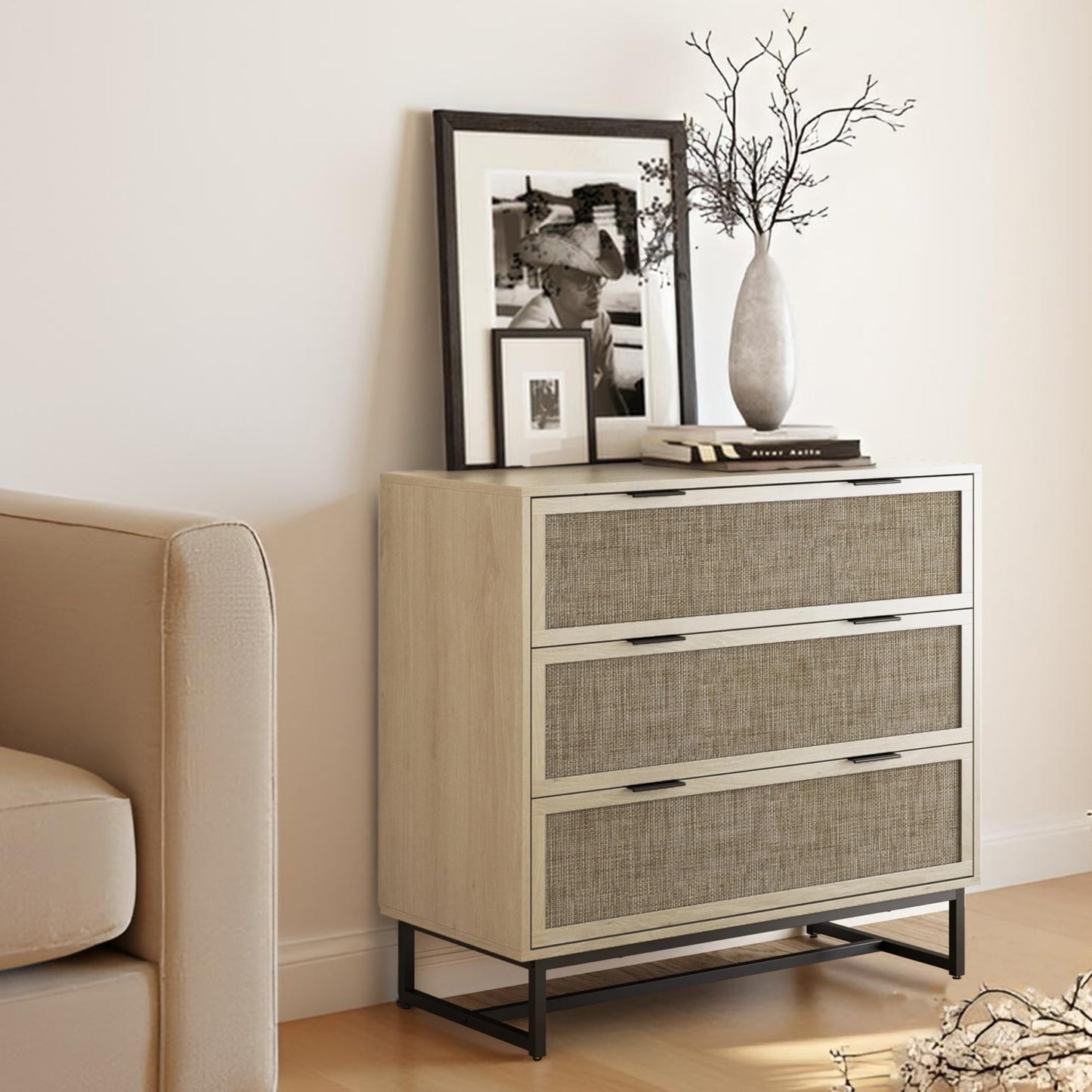 SOLACE FURNITURE Rattan Dresser for Bedroom with 3 Drawer, 37.2" Wide Dresser with Metal Handles, Wood Storage Chest of Drawers for Living Room and Hallway, Natural Oak