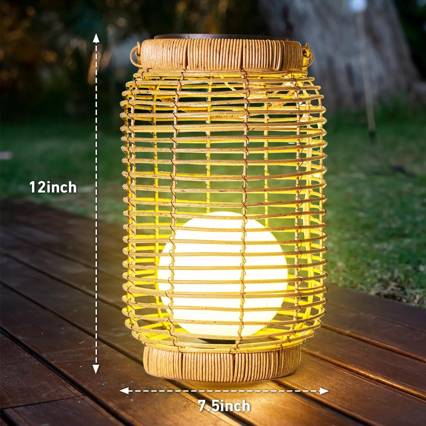 Louxiar Solar Lantern Outdoor Waterproof, Large Hanging Solar Lights Natural Woven Rattan, 12" H Solar Powered Decorative Lantern with Handle for Gardens Patios Pathways Outside Tabletop Decor