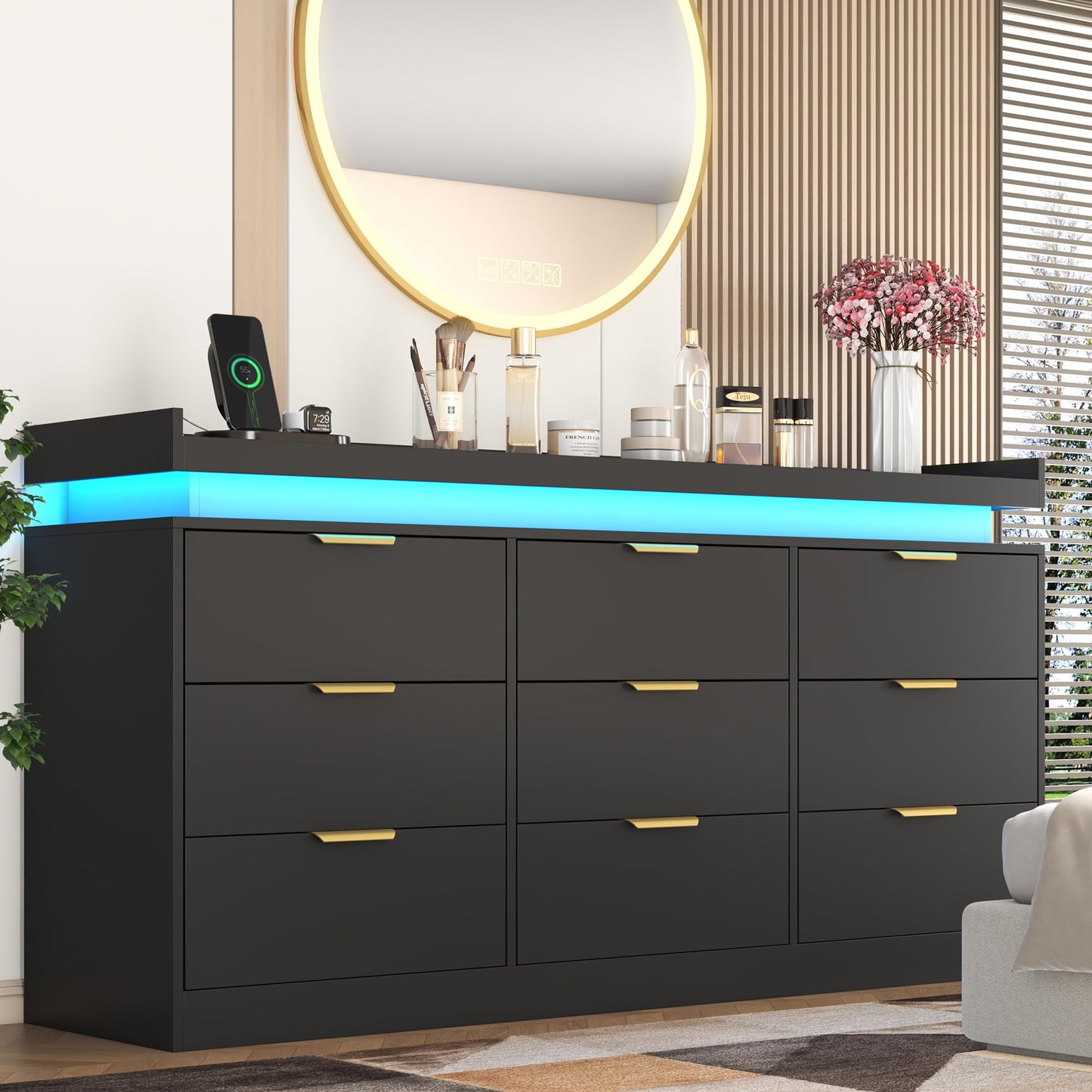 knoworld 9 Drawer Dresser for Bedroom, Black Dresser with LED Lights and Power Outlet, Large Dresser Wooden Long Dresser, Triple Wide Drawer Dresser for Bedroom, Entryway, Hallway