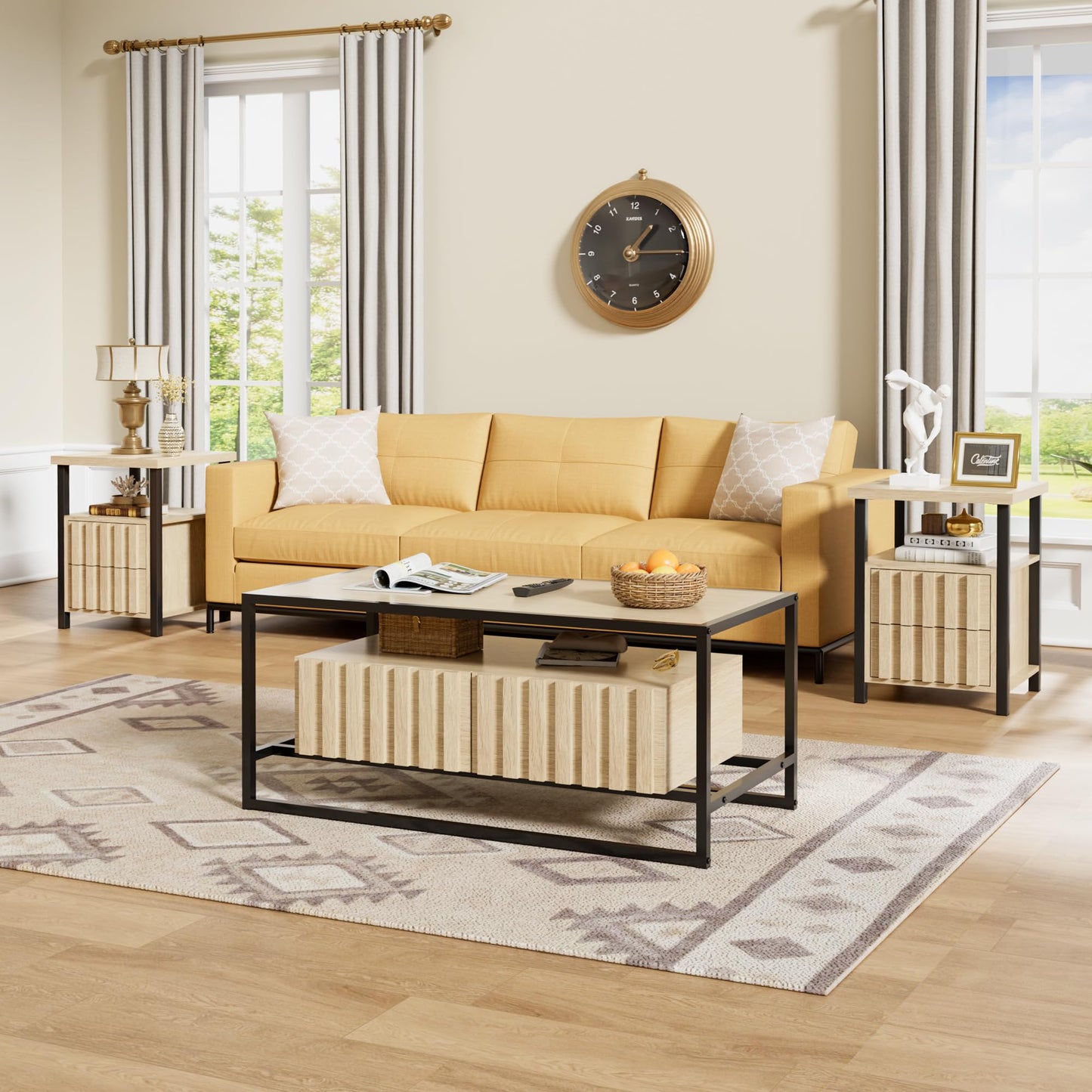 UEV Coffee Table Set of 3,Living Room Table Set,Mid Century Coffee Table,End Side Tables Set of 2 with 2 Drawer for Living Room & Bedroom,Ivory White
