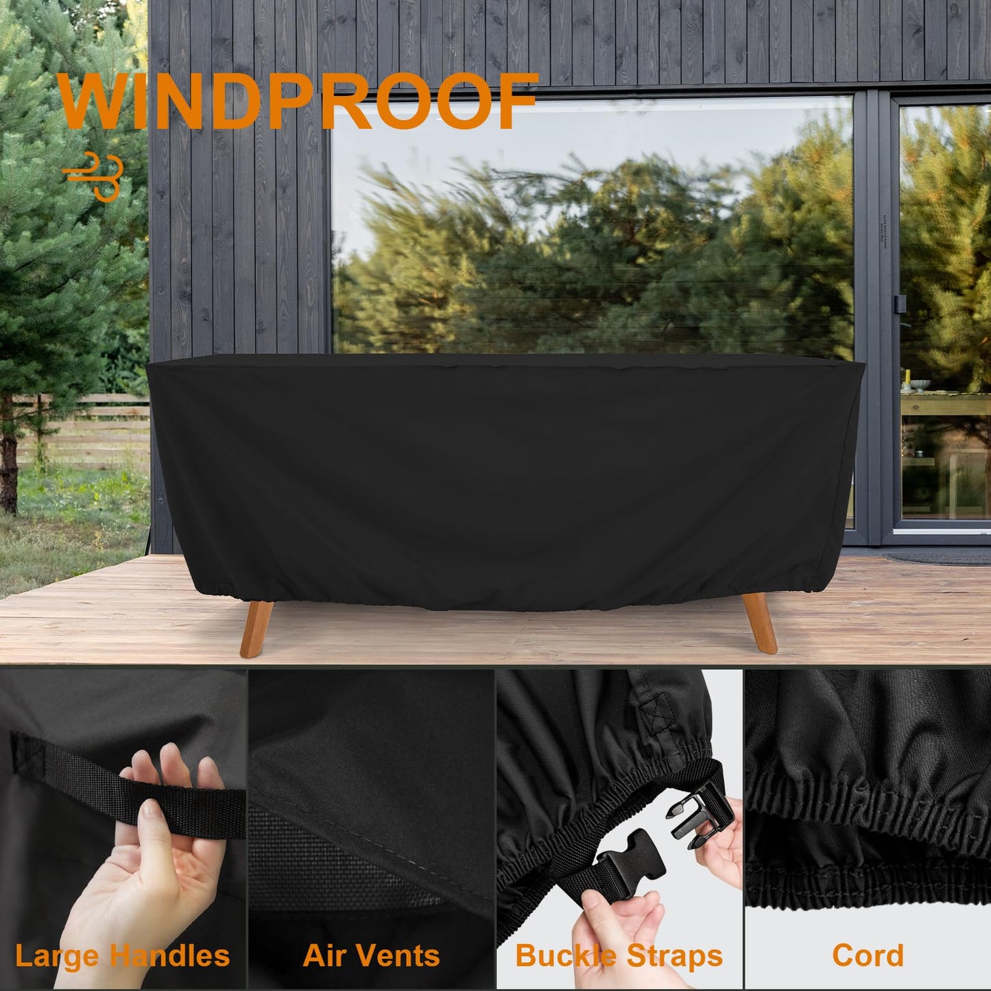 Tempera Patio Furniture Cover,Outdoor Table And Chair Covers Waterproof, Outdoor Dining Set Cover,Heavy Duty Rectangle Patio Furniture Covers,128''L x 82''W x 27.8''H,Black