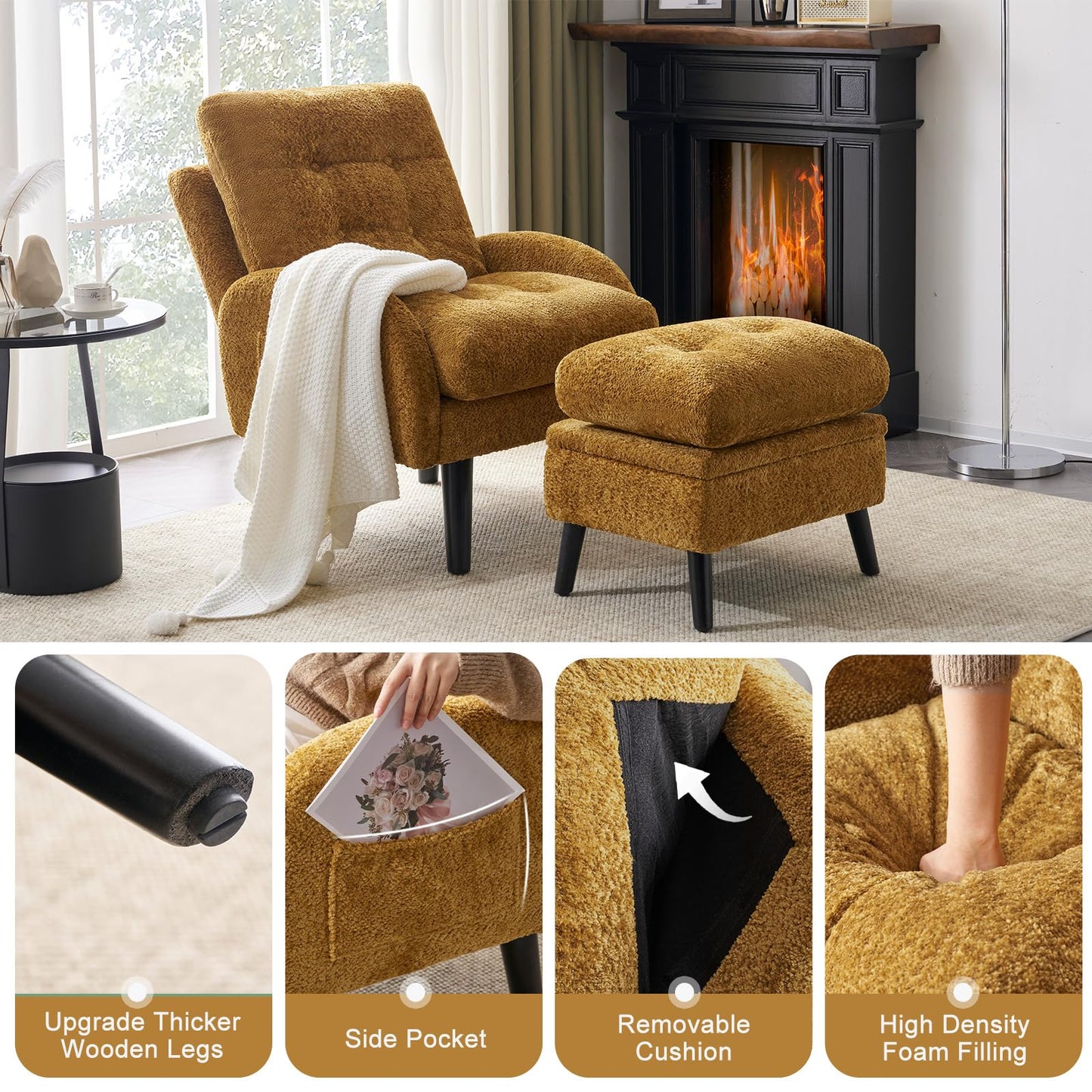 SENYUN Accent Chair with Ottoman Adjustable Backrest,Tufted Living Room Chair Upholstered Lounge Chair with Footrest Set, Modern Chair Cozy Reclining Chair for Reading Room (Chenille - Yellow)