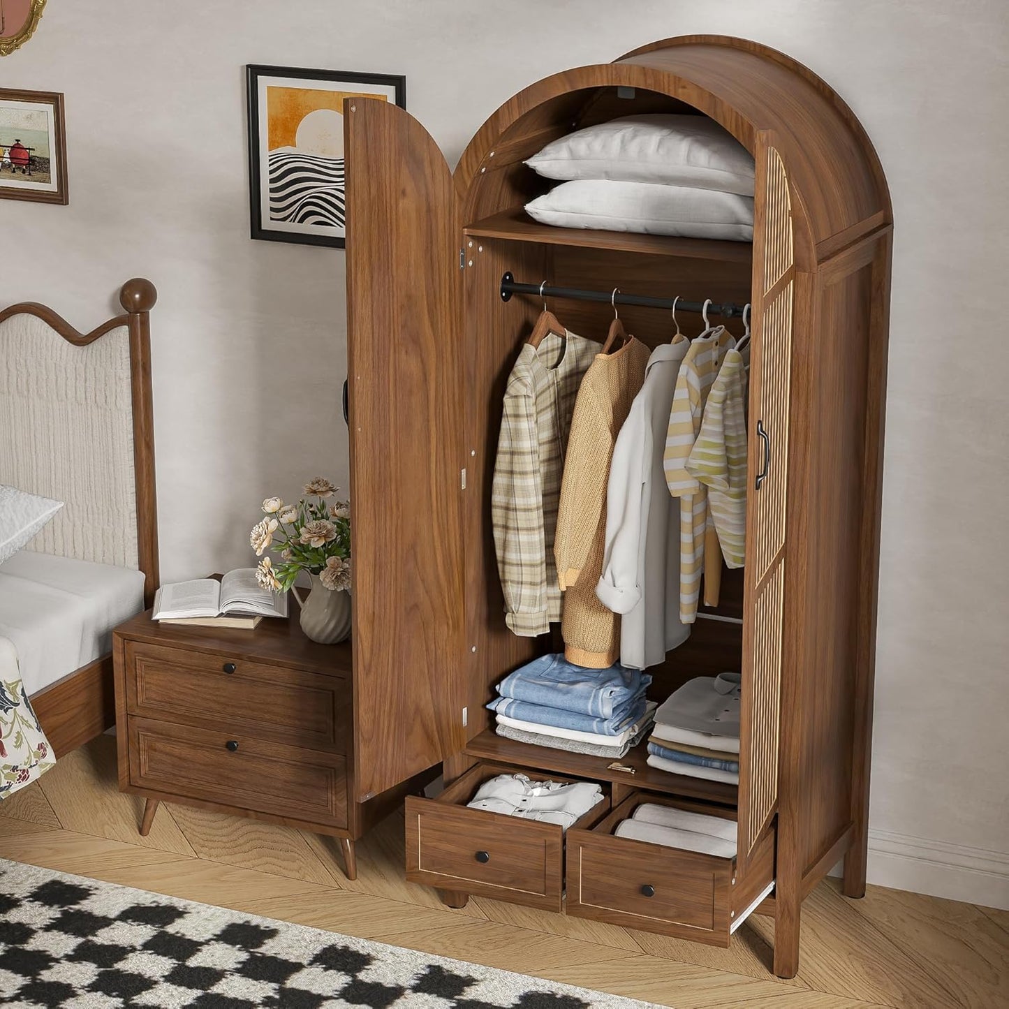 Lxsxlome Wardrobe Closet, Modern Armoire Wardrobe Closet with Drawers and 2 Arched Fluted Doors, 70.87‘’ Tall Wooden Bedroom Armoires with Shelves and Hanging Rod (1, Walnut,17.71''D)