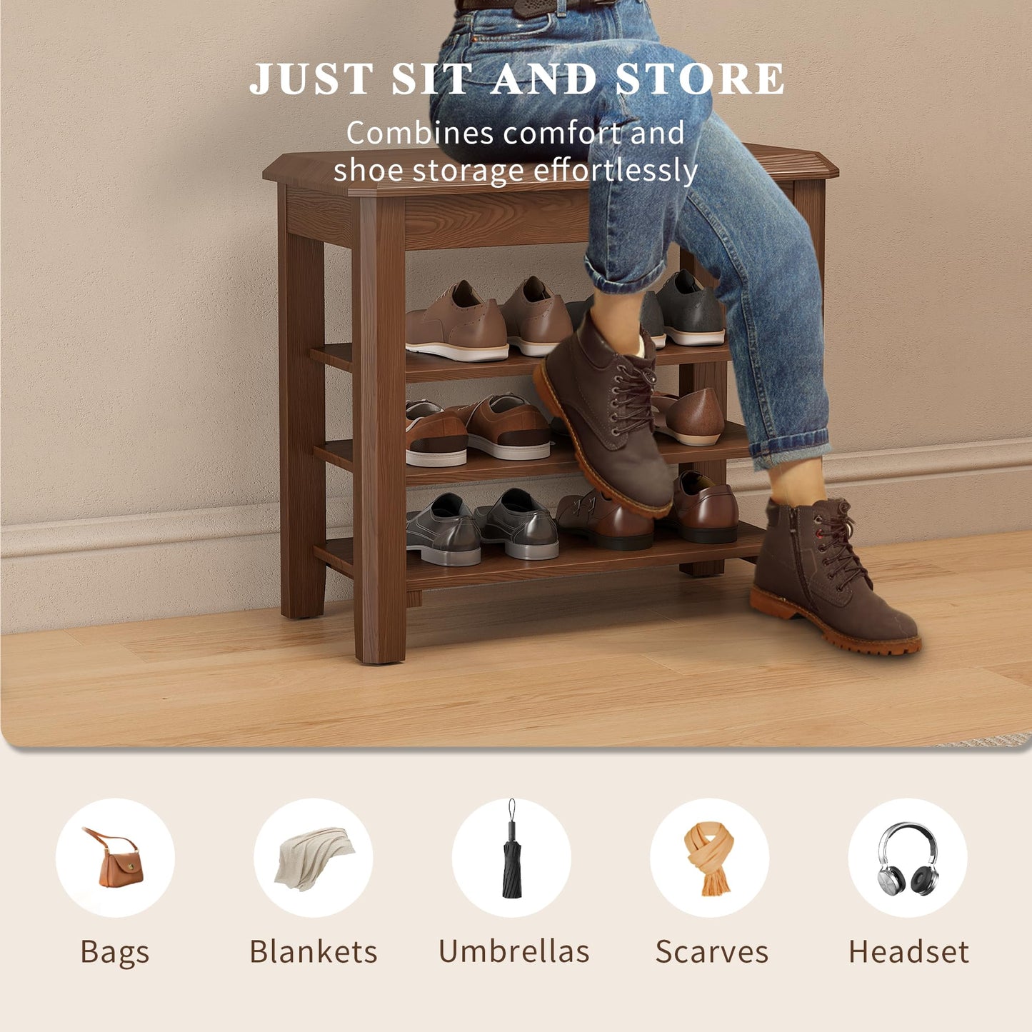 IUNVR Shoe Rack for Front Door Entrance, Solid Wood Shoe Bench for Closet, Holds Up to 550lbs, Shoe Rack Bench for Entryway, Mudroom, Hallway