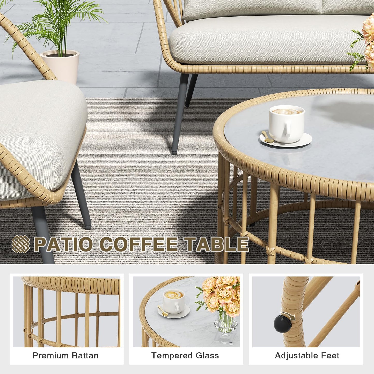 SANDAZE 4 Pieces Outdoor Patio Furniture Set, PE Rattan Wicker Balcony Porch Deck Furniture, Conversation Set Patio Table and Chairs Set with Thick Cushions and Coffee Table, Beige