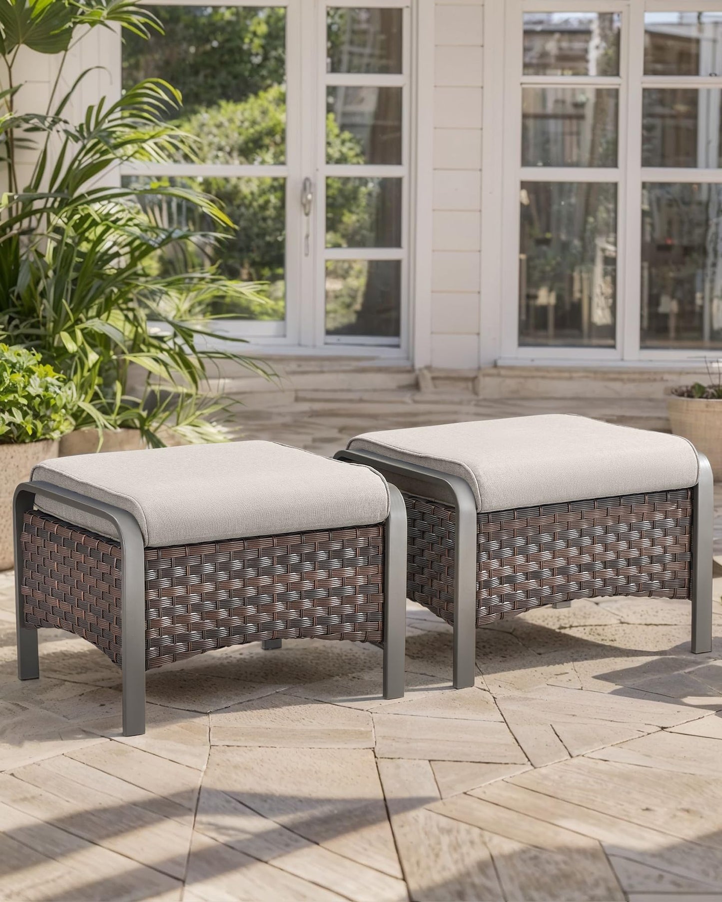 HUMMUH 2 Pieces Outdoor Wicker Ottomans-Outdoor Patio Ottoman with Removable Cushion Outdoor Footstool for Deck Lawn Porch Garden Backyard-Brown/Beige