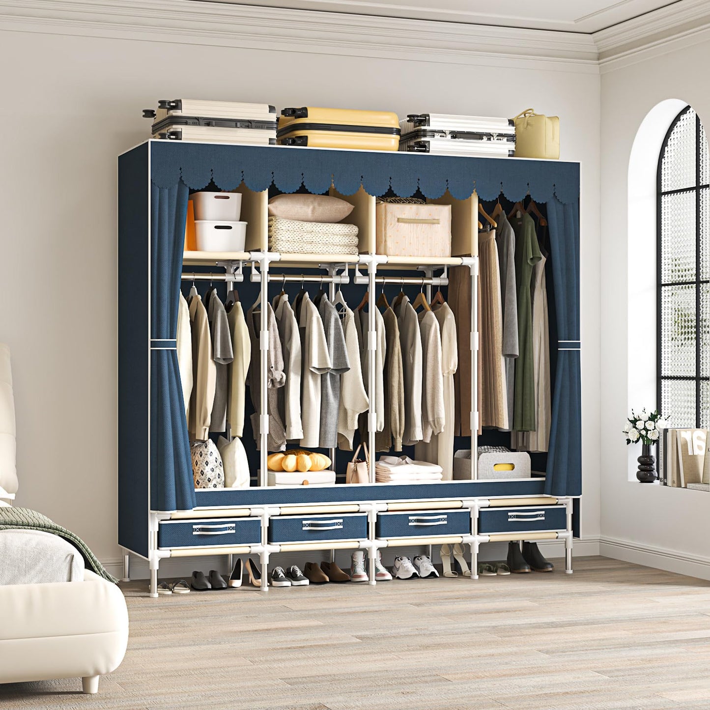 LEAIJIAFY Portable Wardrobe with 4 Drawers and 3 Shelves, 67 Inch Large Capacity Freestanding Wardrobe Hanging Organizer with Lid for Bedroom, Blue