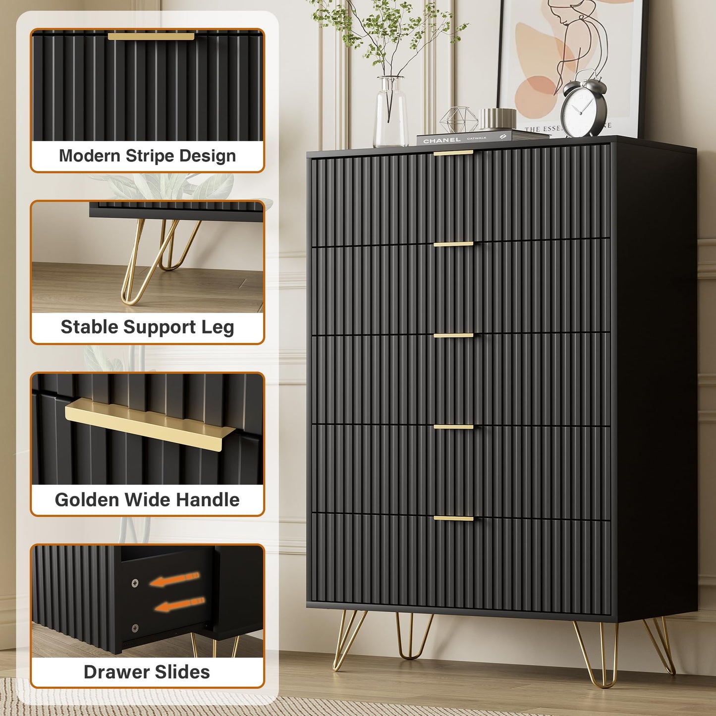 Furniway Black Dresser for Bedroom, Fluted Modern Dresser with Gold Pulls and 5 Drawers, 15.7" D x 31.5" W x 47.2" H