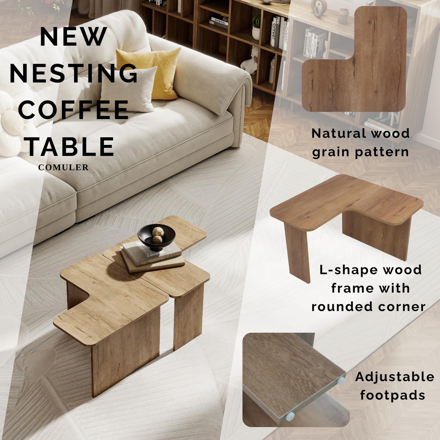 Modern Nesting Coffee Table Set of 2, Natural Wooden L-Shape Square Coffee Table for Living Room, Small Center Table End Table Sets with Rustic Wood Grain for Bedroom Office Cafe