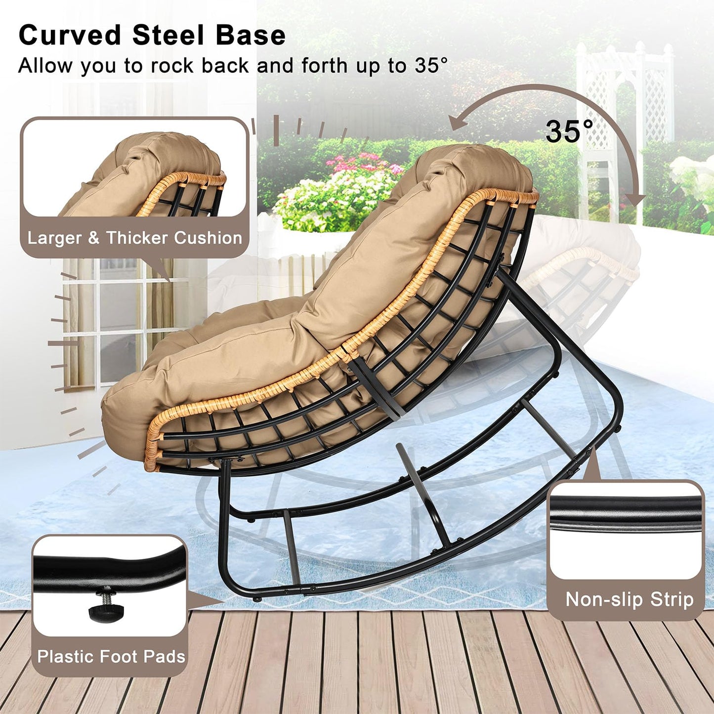 knocetx Papasan Chair, Outdoor Rocking Chair with Cushion, 450LB Heavy Duty Egg Chair, Indoor Outdoor Patio Rocking Chairs for Balcony, Porch, Living Room, Bedroom, Lawn, Garden (Coffee)
