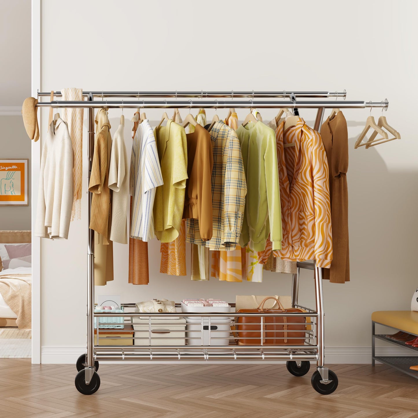 Raybee Heavy Duty Clothes Rack, 350LBS Clothing Rack with Sturdy Wheels and Shelves, Double Rods Clothing Racks for Hanging Clothes Commercial Portable Adjustable Garment Rack, Chrome