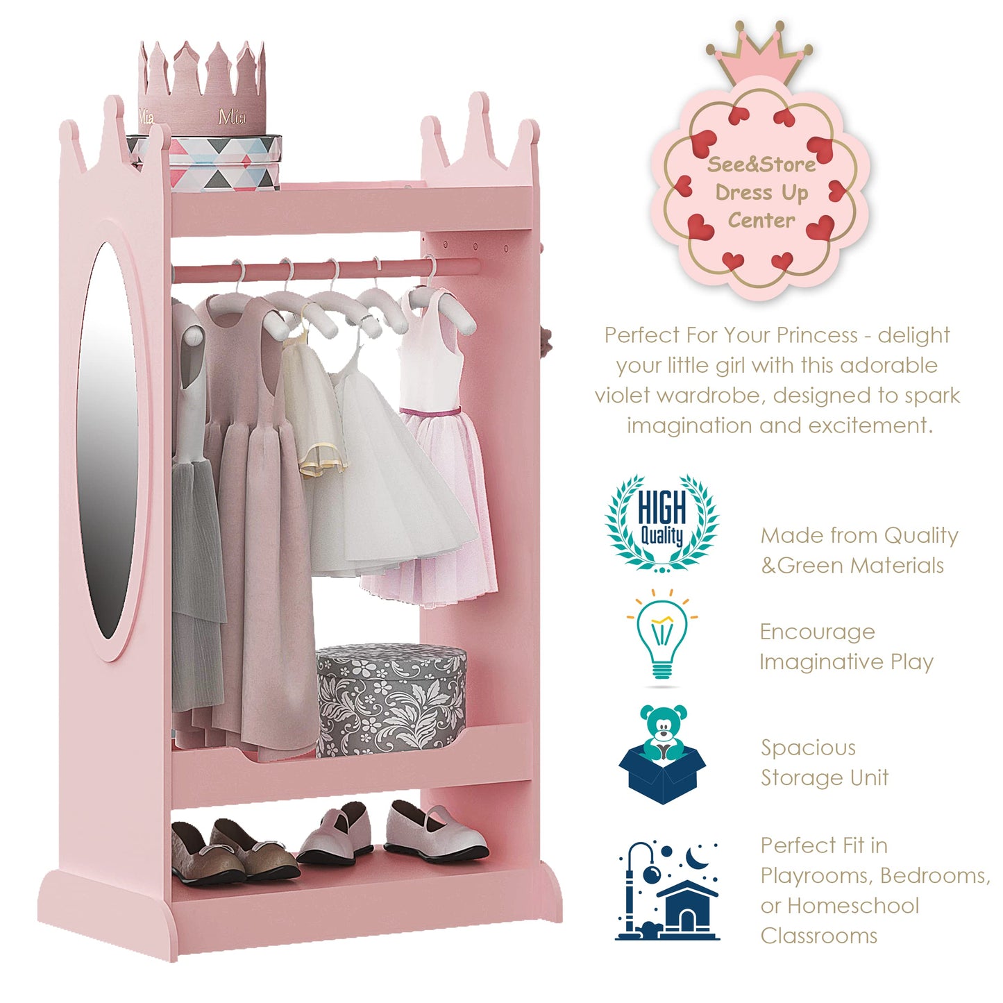 UTEX Kids Dress up Storage with Mirror,Costume Wardrobe for Kids, Open Hanging Armoire Closet,Pretend Storage Closet, Costume Storage Dresser (Pink)