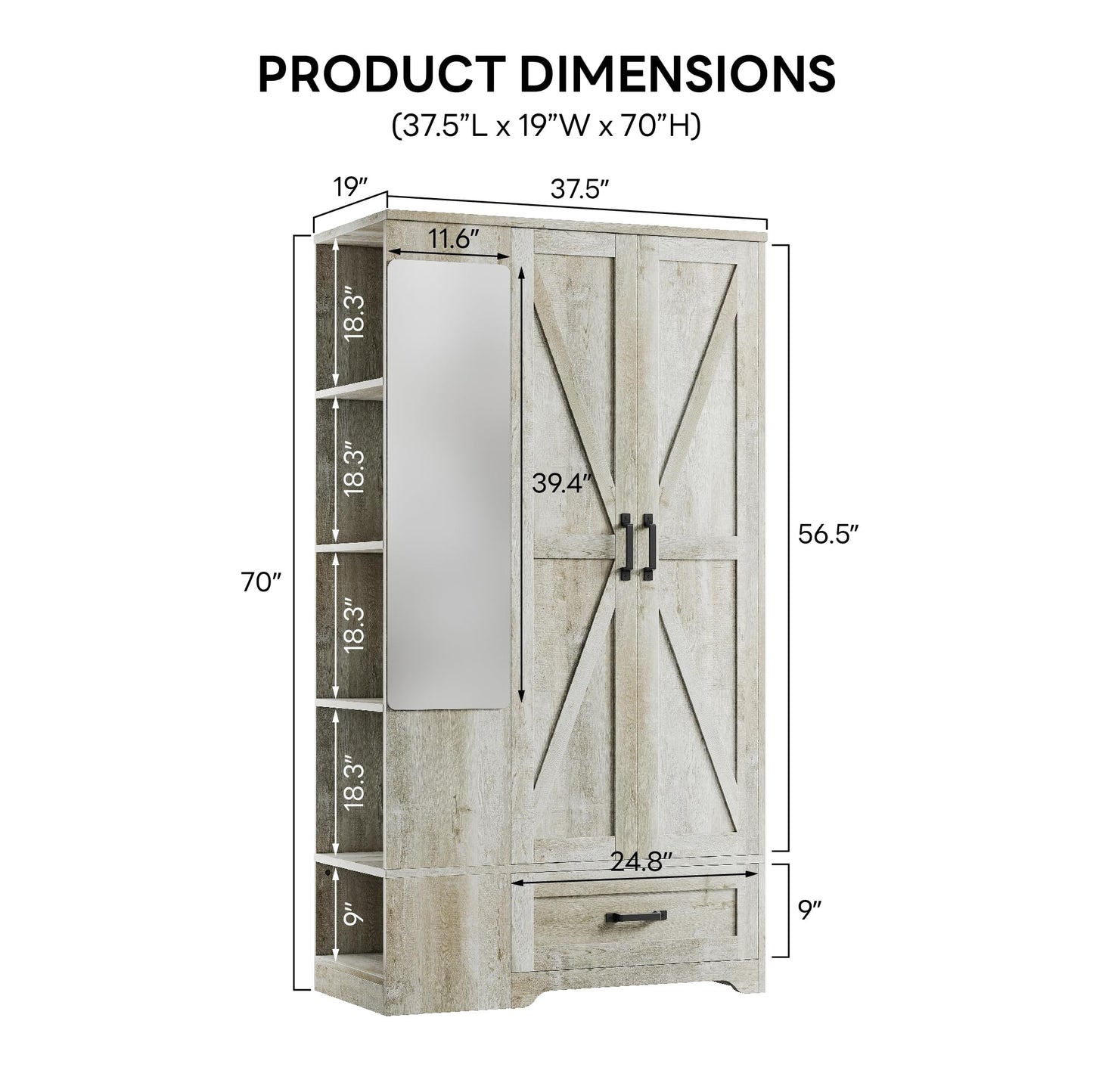 LIKIMIO Armoire Wardrobe Closet 70 Inches, Large Storage with Mirror, 2 Doors, Drawer, and Shelves, Modern Bedroom Freestanding Wooden Wardrobe Combination with Hanging Rail, Rustic Maple