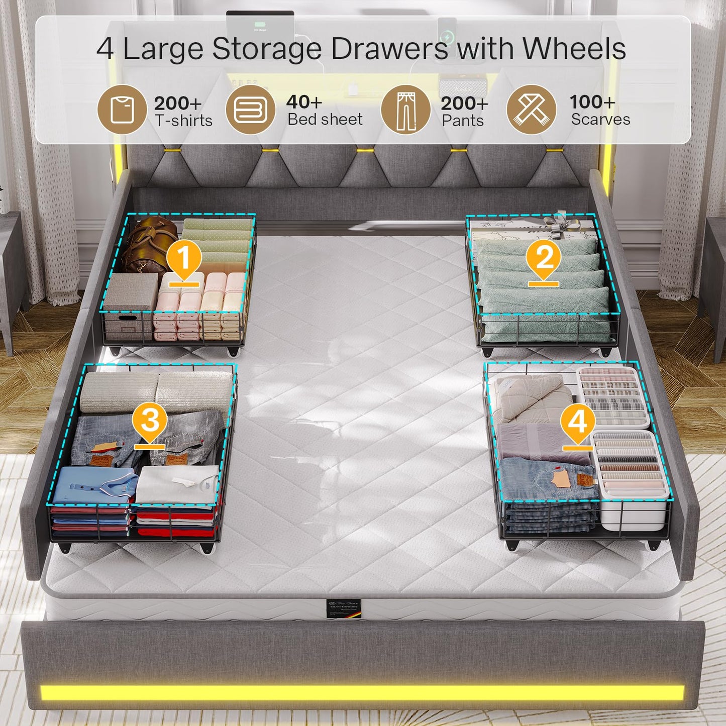 Queen Bed Frame with 4 Drawers, Platform Bed Frame Queen Size with Storage Headboard&LED Lights, Queen Bed with Storage & Charging Station, Noise-Free, No Box Spring Needed, Easy Assembly, Gray