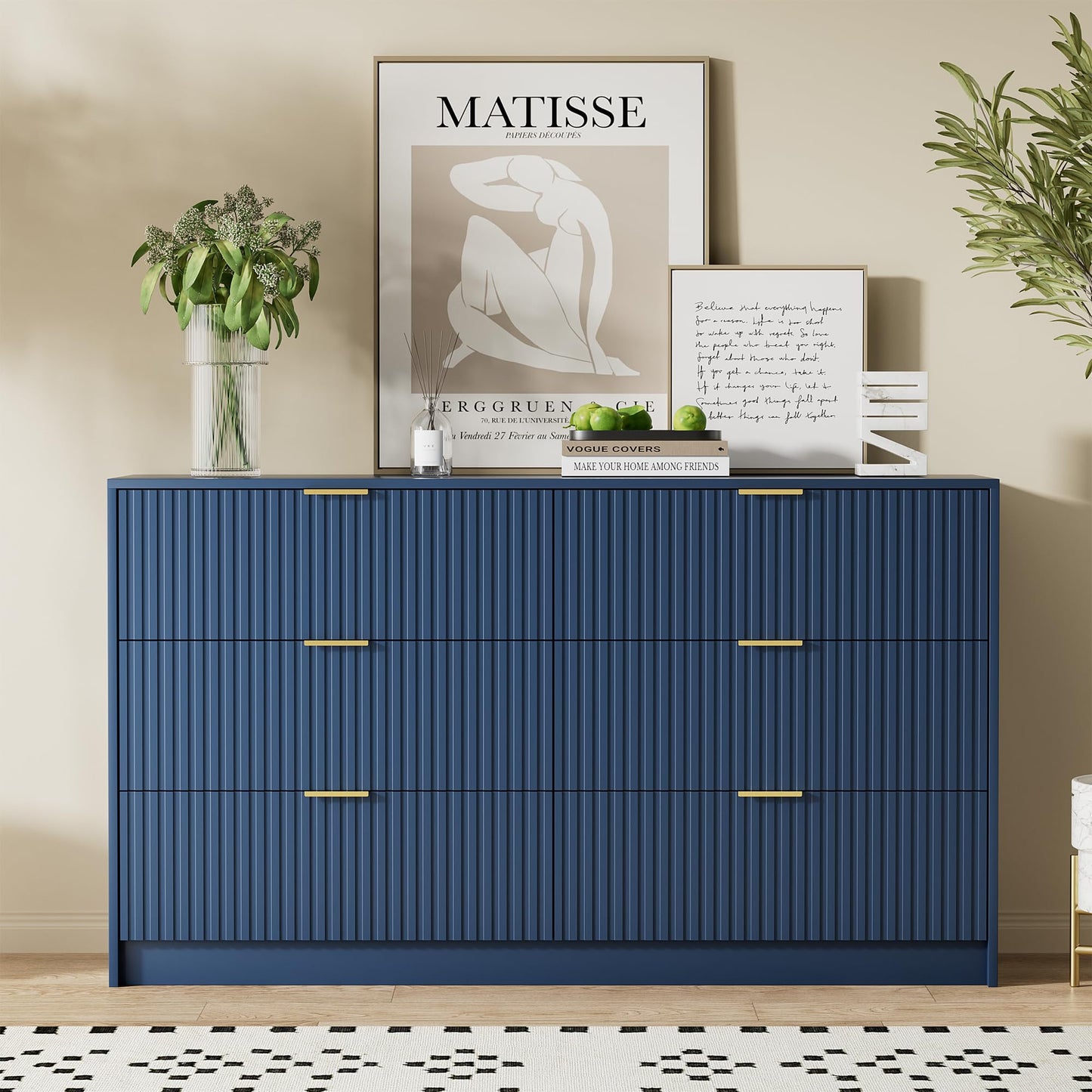Furniway Navy Blue Dresser for Bedroom, Modern Dresser with 6 Drawers and Smooth Slides, Wide Chest of Drawers with Golden Handles for Bedroom, Living Room, Closet, 15.7" D x 55.1" W x 31.4" H