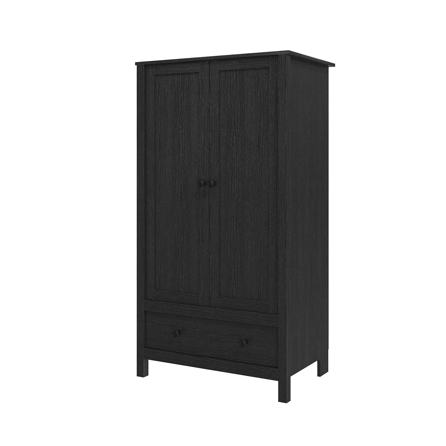Panana Modern Wooden 2 Doors Wardrobe Double Wardrobe with 1 Storage Drawer Armoires Clothing Storage Cabinet for Bedroom (Black)