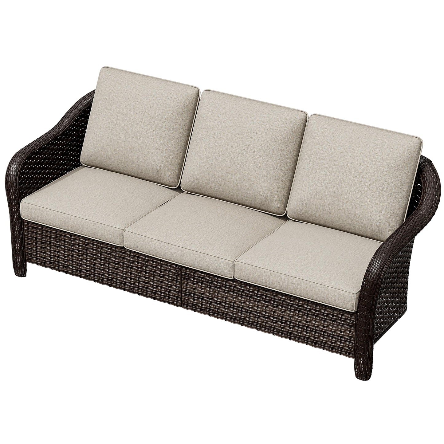 MeetLeisure 78" Wicker 3-seat Sofa, Outdoor Conversation Furniture, All-Weather Rattan Couch, Steel Frame Couch with Cushions for Garden, Poolside, Porch (Beige)