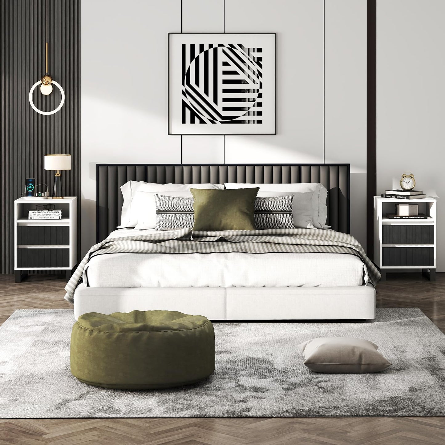Lamtor Night Stand Set 2, Fluted Nightstand with Charging Station, Side Table with 2 Storage Drawers Cabinet, Wood Nightstand for Bedroom, Living Room, Black and White