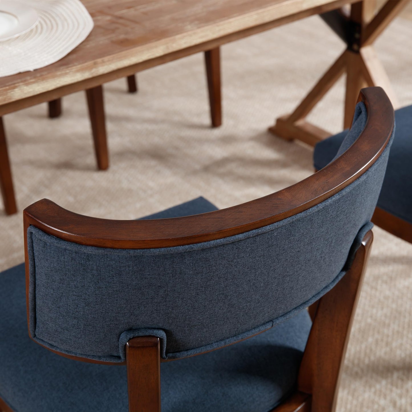 LZAREAL Mid Century Modern Dining Chairs Set of 2 Farmhouse Dining Room Chairs with Curved Backrest Dining Chair with Walnut-Colored Wood Legs for Kitchen Dining Room Home, Linen Fabric, Blue