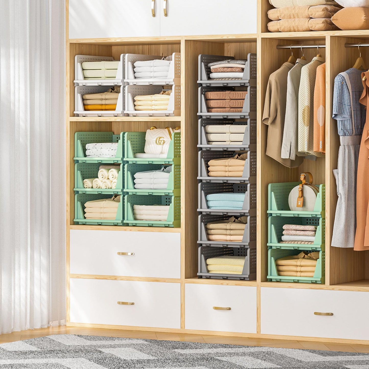 Neprock Closet Organizers - 5 Pack Folding Plastic Drawer Storage for Clothes, Stackable Bins for Closet, Cupboard, RV Bathroom (5L Green)