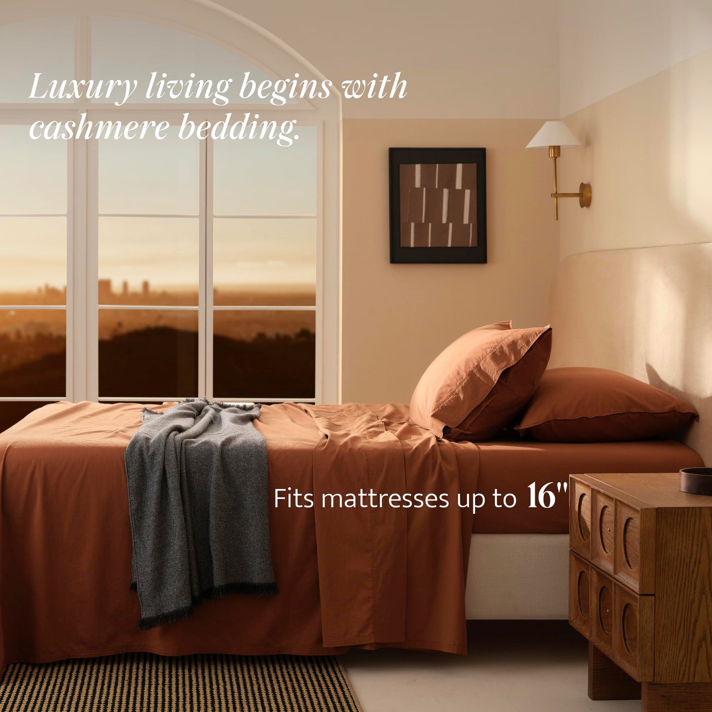 Double Stitch Cashmere Cotton Sheet Set - Mongolian Cashmere and Pima Cotton Blend Sheets King Size, Ultra-Soft, Breathable & Warm Bedding Set, Deep Pocket Up to 16'', Mocha Brown