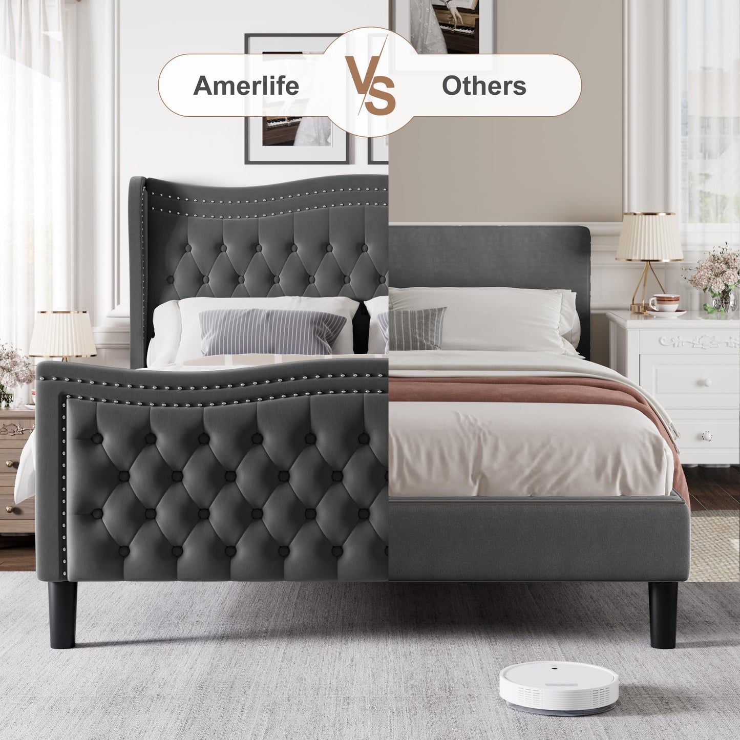 VINTLJUS Full Bed Frame with Tall Headboard & Footboard, Velvet Upholstered Platform Bed Frame with Deep Button Tufted Wingback, No Box Spring Needed, Noise Free, Grey