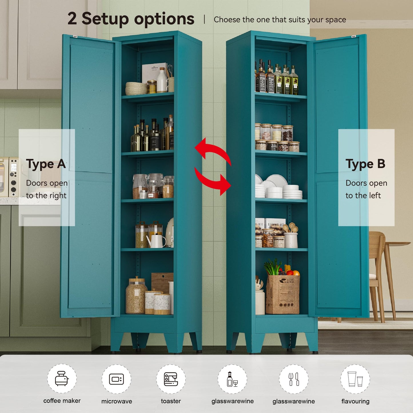 Narrow Bathroom Cabinet, Metal Storage Cabinet with 4 Adjustable Shelves and 2 Barn Doors,Tall Kitchen Pantry for Living Room, Home Office, Dining Room,Blue
