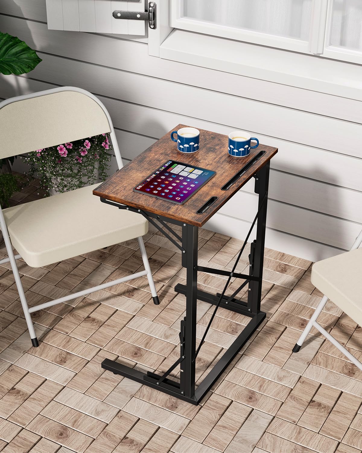 Evermagin 21''Wx28''H Folding TV Tray, Small Foldable C-Shaped End Table for Eating with Tablet and Phone Slots, Slide Under Couch Side Table for Recliner, Living Room, Bedroom, Rustic Brown