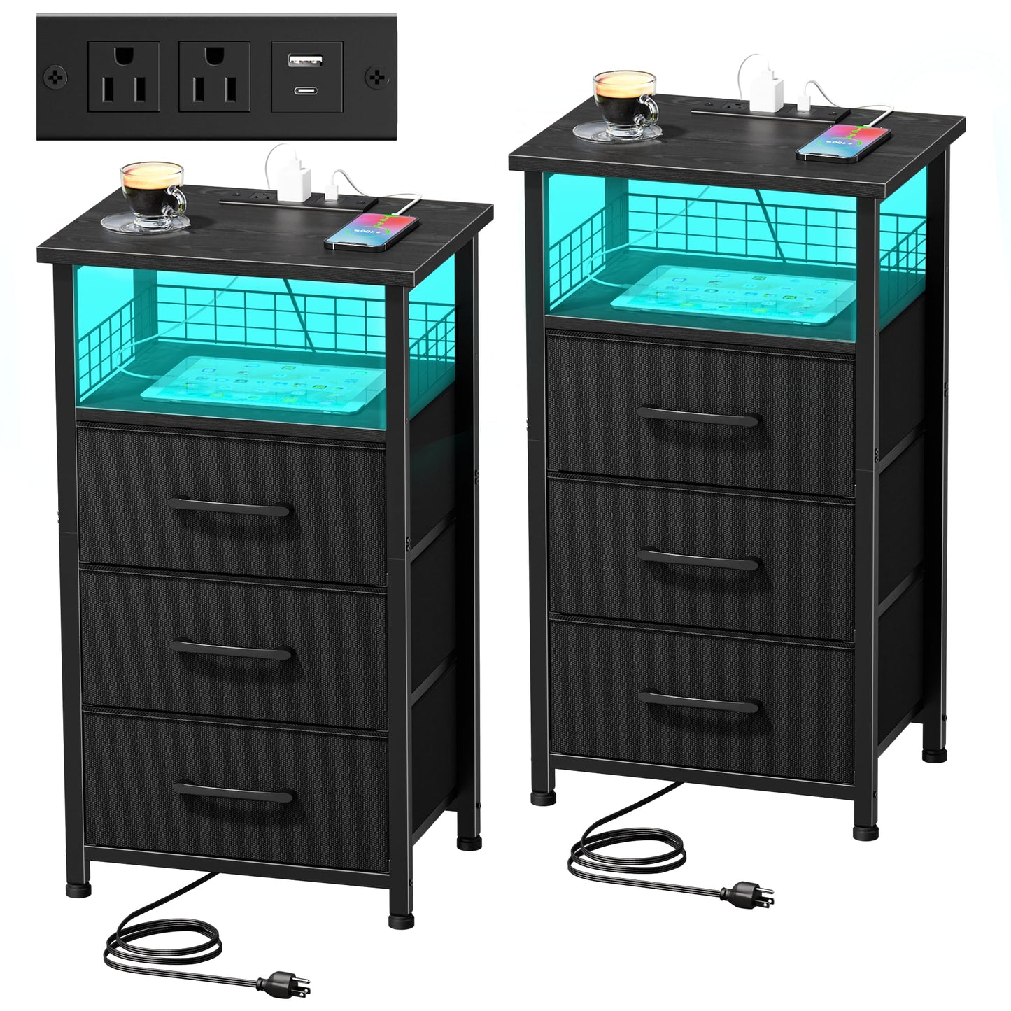 LAKEMID Night Stand Set 2 with Charging Station, End Table Set of 2 with 20 Colors LED Light Strip, 3 Fabric Drawers, Bedside Table with USB Ports and Outlets for Bedroom (Black)