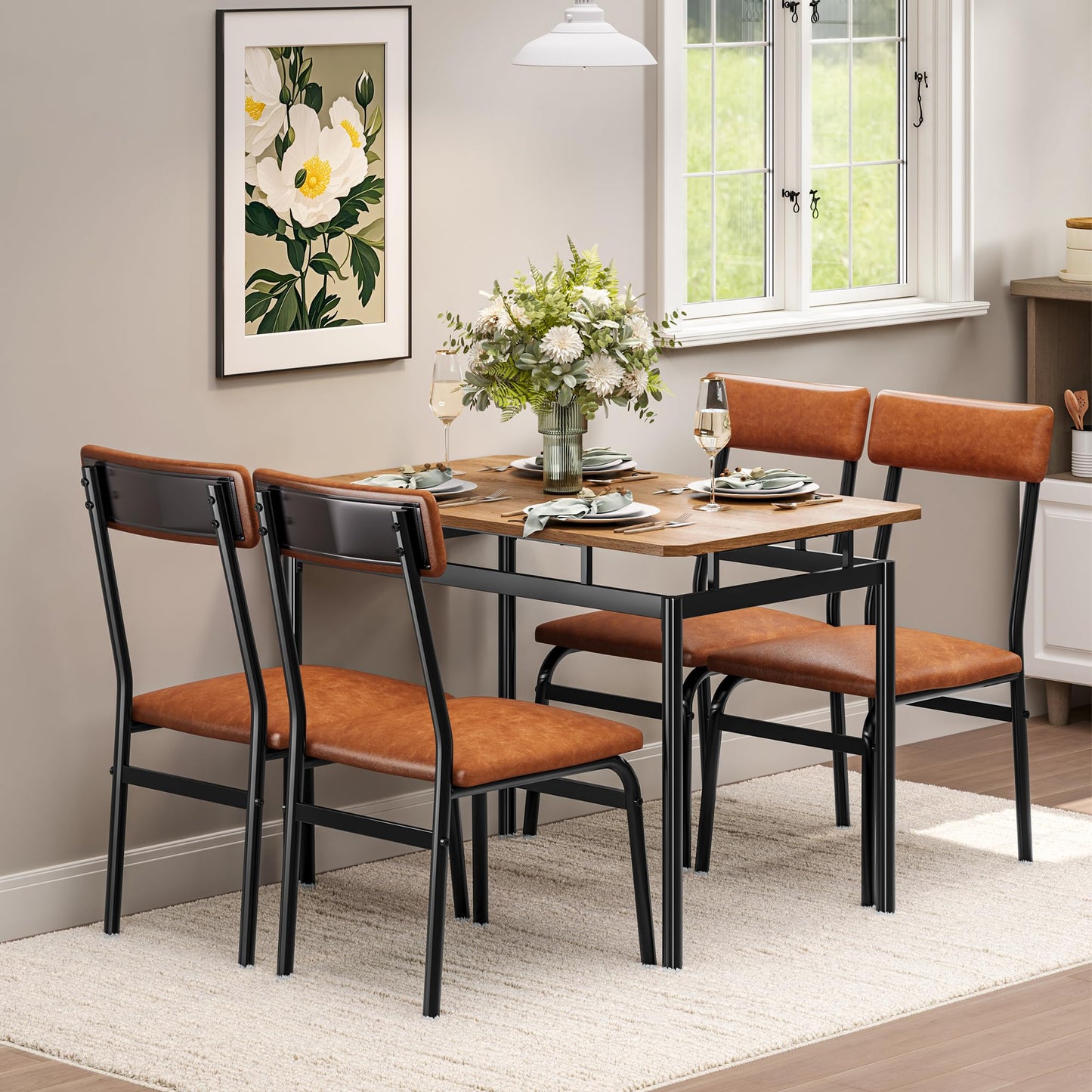 Garvee Dining Table Set for 4, 5 Piece Wooden Dining Room Table Set, 4 PU Upholstered Chair, Modern Metal Frame Dinette Set for Dining Room, Home Dinner, Party, Apartment, Brown