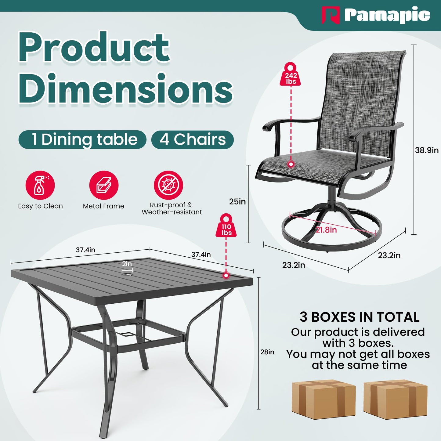 Pamapic 5-Piece Outdoor Dining Set, Patio Dining Set for 4, Outdoor Table and Chairs, All-Weather Outdoor Patio Set with Textilene Swivel Chairs for Garden, Poolside, Deck，Gray