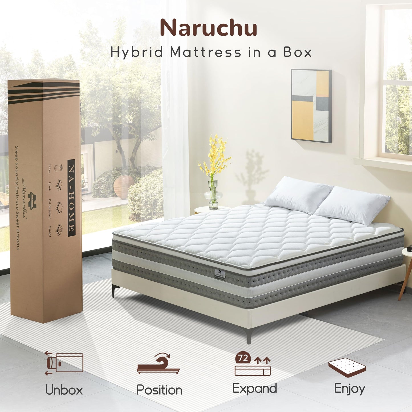 Naruchu King Mattress, 14 Inch King Size Hybrid Mattresses with Memory Foam and Individual Pocket Spring for Motion Isolation, Pressure Relief, Medium Firm Mattress in a Box, 76 * 80 * 14