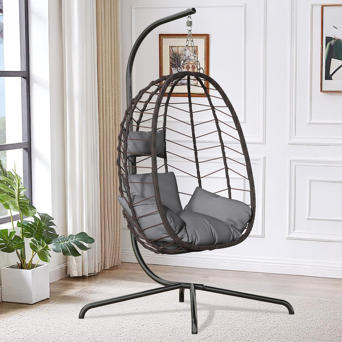 LEX CRAFT Hanging Egg Chair with Stand, Swinging Egg Chair Outdoor Indoor, Hanging Basket Chair with Cushion, Patio Wicker Hammock Chair 350lbs Capacity for Bedroom, Balcony, Backyard, Garden (Grey)