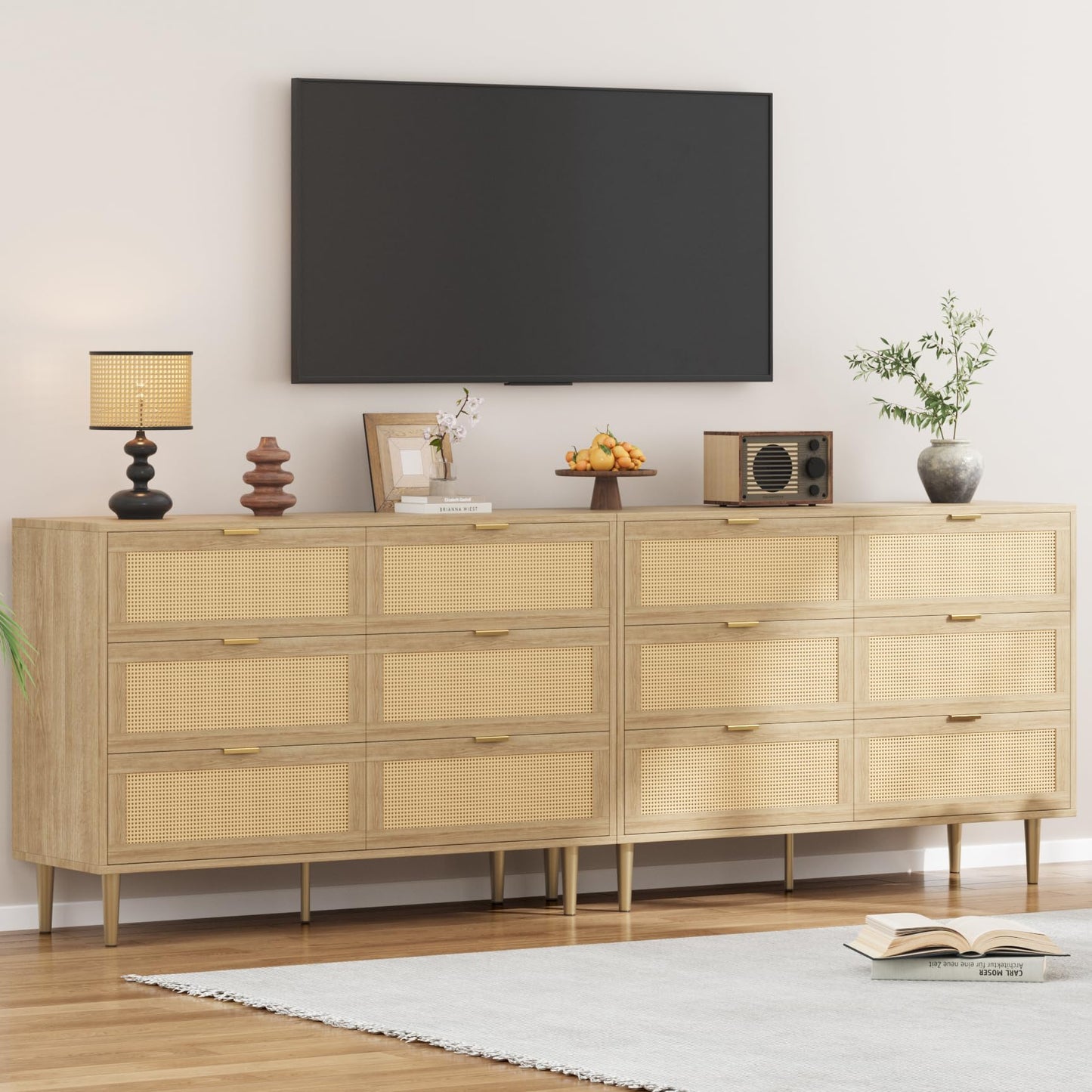 IDEALHOUSE Natural Rattan 6 Drawer Dresser for Bedroom, Modern Chest of Drawers with Gold Legs and Gold Handles, Wide Double Dresser with Large Tabletop and Anti-Tipping Design for Bedroom Living Room