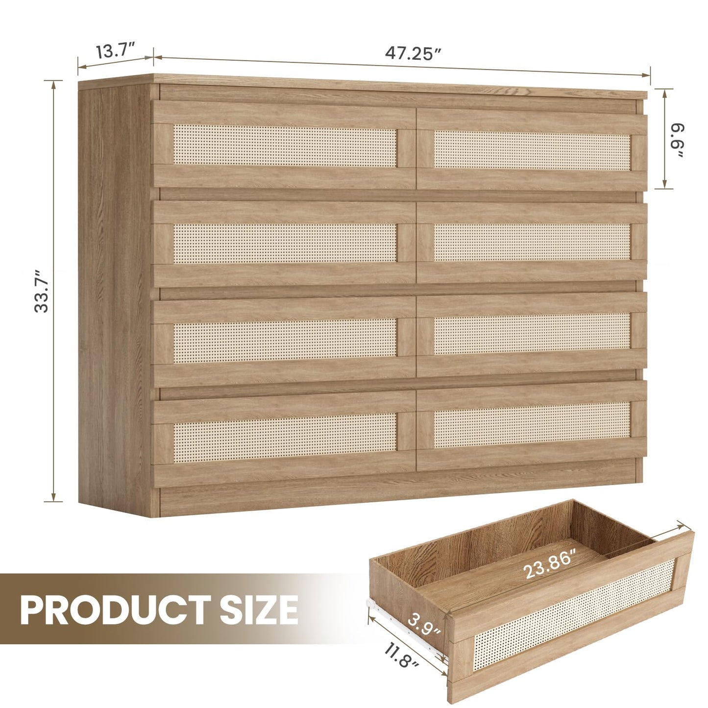 Patikuin Rattan Dresser for Bedroom, Modern 8 Drawer Double Dresser for Bedroom, Wide Wood Chest of Drawers for Bedroom, Living Room, Hallway
