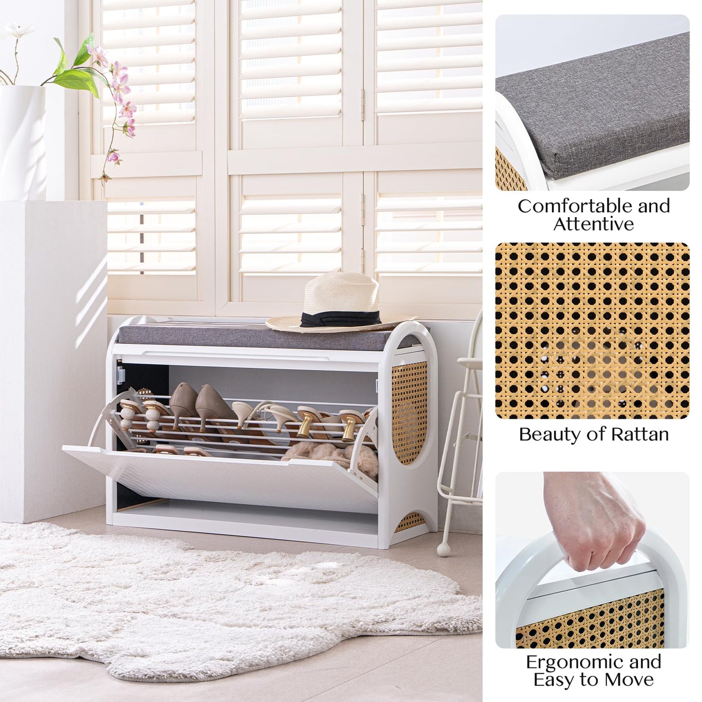 Jiansu furni Shoe Bench with Storage,Rattan Shoe Bench with Seating and Cushion, Shoe Organizer with Shelf Wooden Storage for Hallway and Bedroom,White (2PCS)