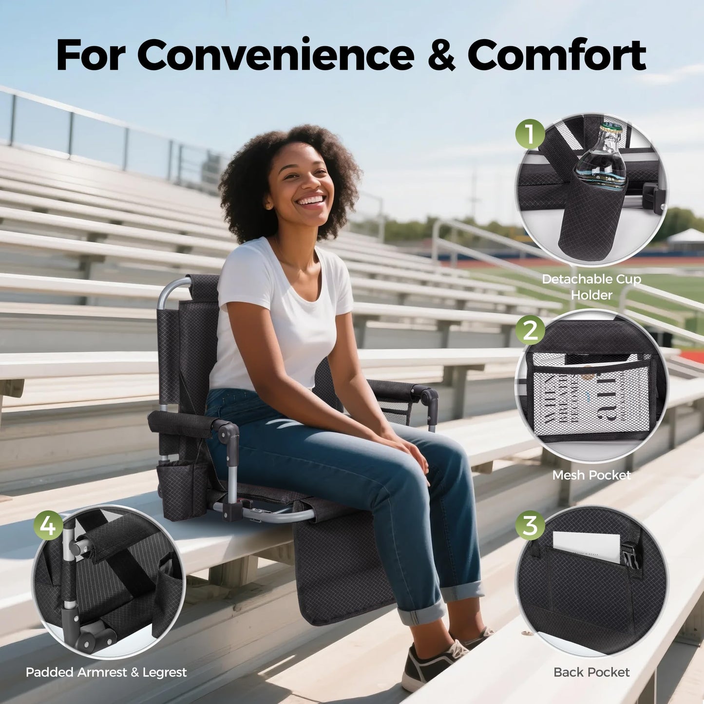 ALPHA CAMP Stadium Seat Chair for Bleachers with Back & Arm Rest (Black Grey)