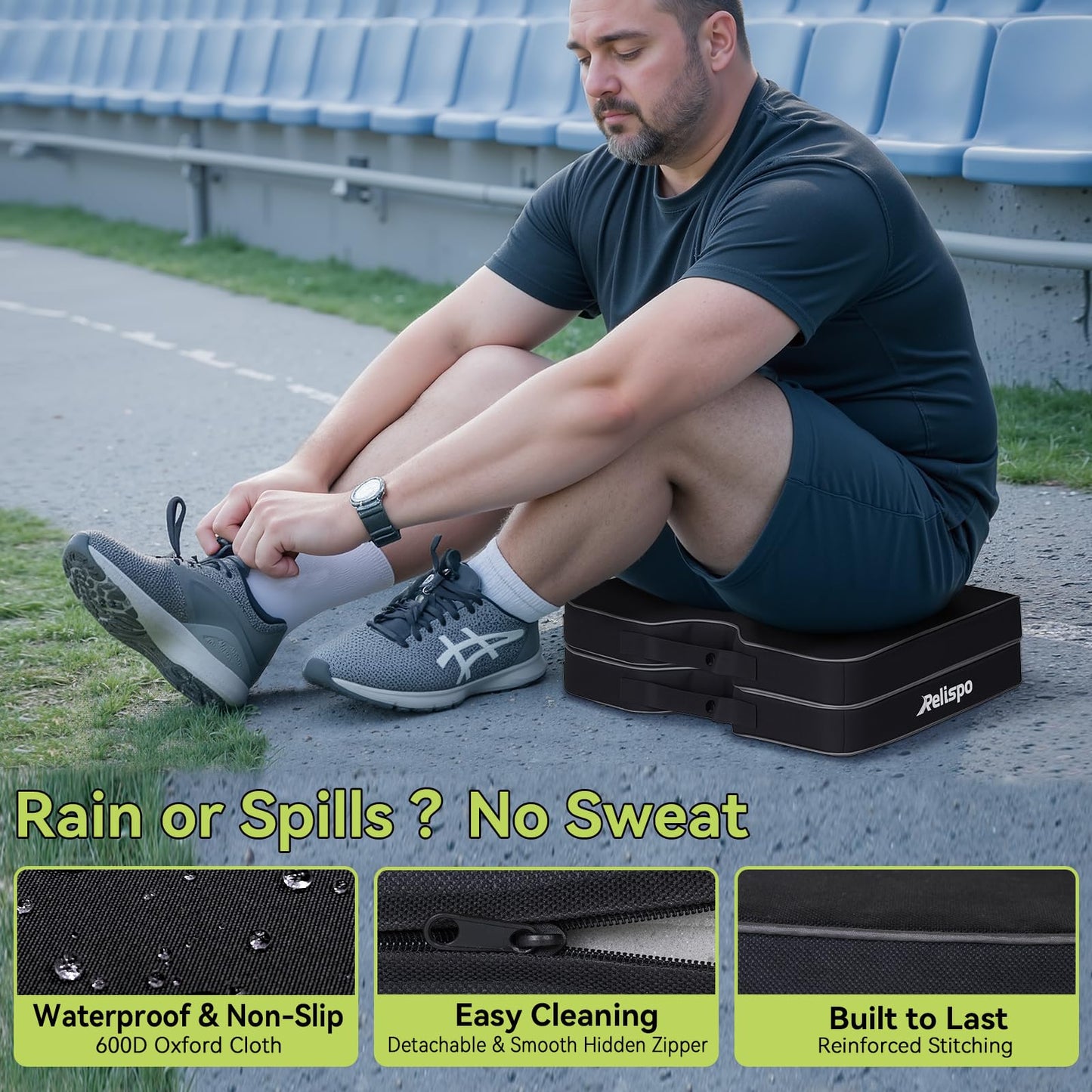 Relispo 3-in-1 Stadium Seat Cushion, Premium Memory Foam & High-Density Foam Bleacher Cushion, Anti-Slip Waterproof Portable Stadium Cushion for Bleachers, Sports Events, Camping (2 Packs)